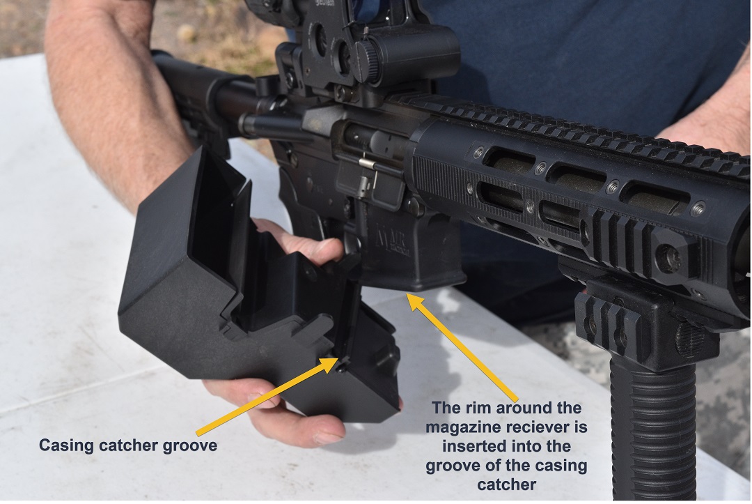 The rim around the magazine receiver is inserted into the groove of the casing catcher. 